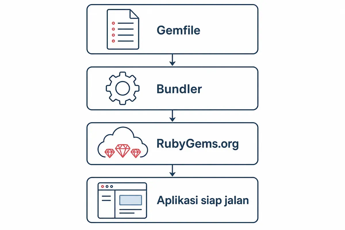 Alur pemasangan gem Ruby dalam empat tahap: Gemfile, Bundler, RubyGems.org, lalu aplikasi siap jalan.