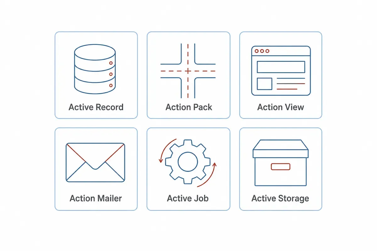 Enam komponen bawaan Ruby on Rails: Active Record, Action Pack, Action View, Action Mailer, Active Job, Active Storage.