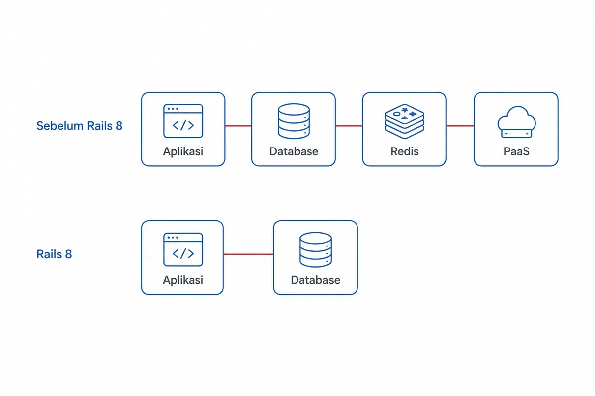Susunan server sebelum Rails 8 memerlukan Redis dan PaaS, sedangkan Rails 8 cukup aplikasi dan database saja.