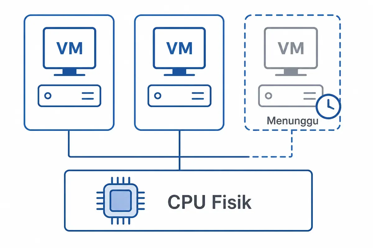 Diagram satu CPU fisik dipakai bersama tiga mesin virtual; satu VM bergaris putus-putus bertanda Menunggu.