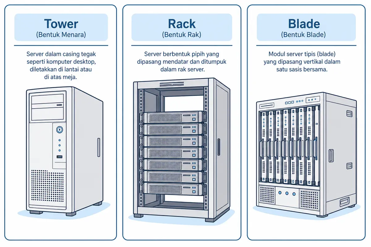 Diagram perbandingan tiga bentuk fisik server: tower, rack, dan blade.