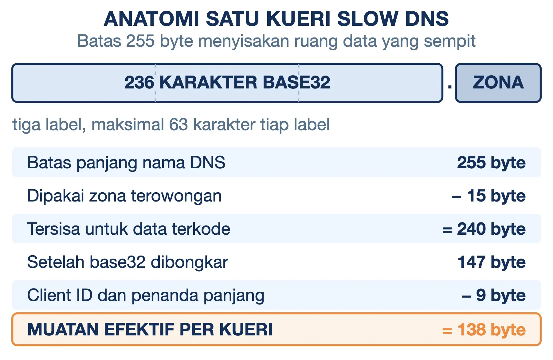 Batas nama DNS 255 byte dikurangi zona dan penanda menyisakan 138 byte muatan per kueri.