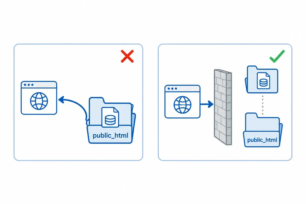 Dua panel: berkas basis data SQLite di dalam public_html bisa diunduh browser, di luar public_html terhalang.