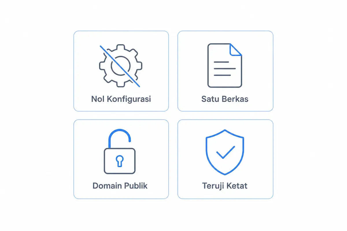 Infografis empat kelebihan SQLite: nol konfigurasi, satu berkas, domain publik, dan teruji ketat.