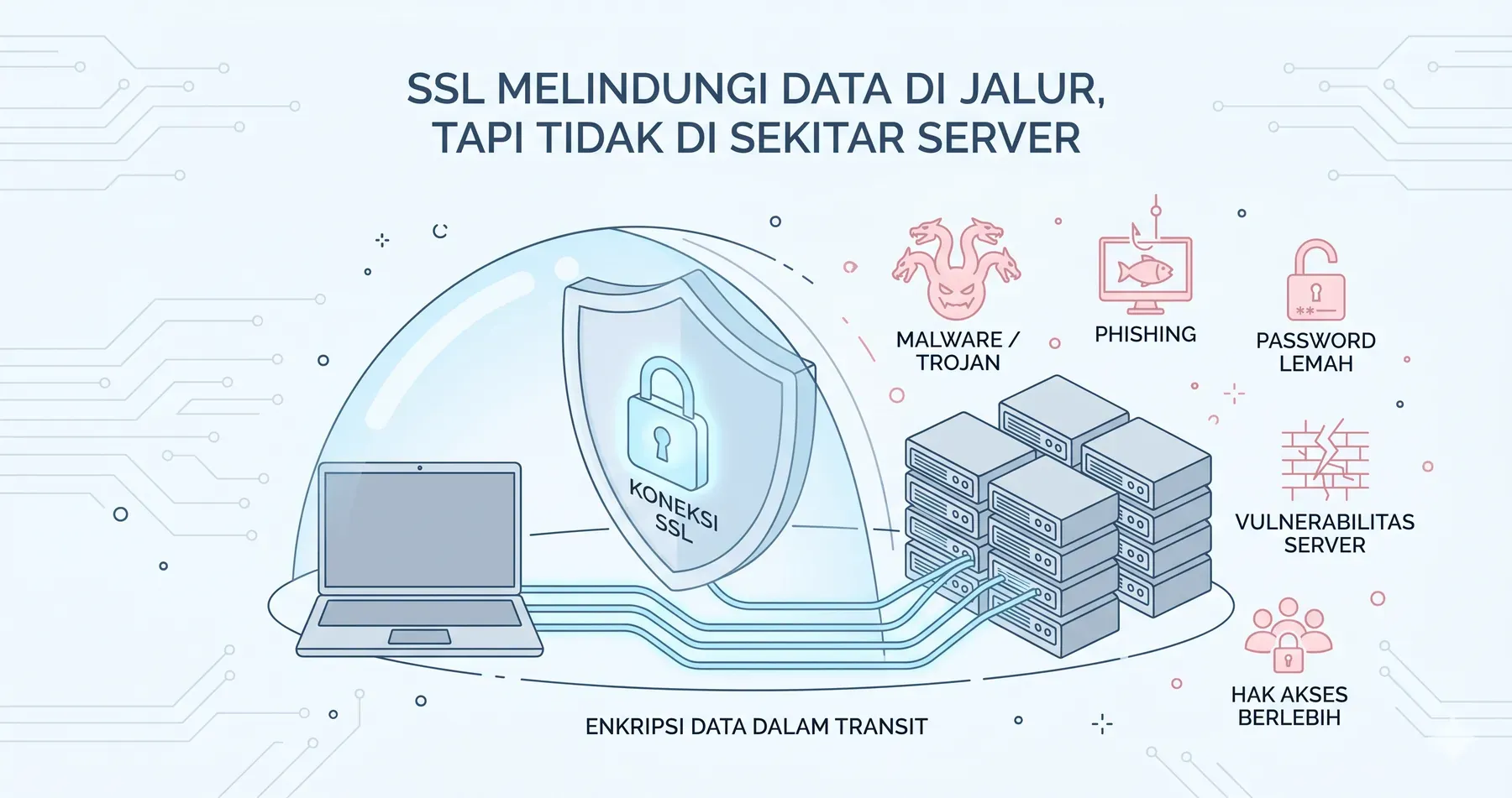 SSL hanya melindungi data di jalur; malware, phishing, password lemah, celah server, dan hak akses berlebih tetap di luar.