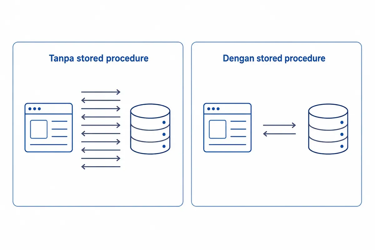 Kiri, tanpa stored procedure: banyak panah bolak-balik aplikasi ke database. Kanan, dengan stored procedure: satu pasang.