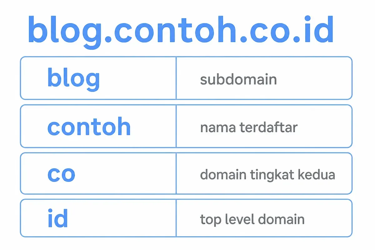 Diagram anatomi blog.contoh.co.id: blog subdomain, contoh nama terdaftar, co domain tingkat kedua, id top level domain.