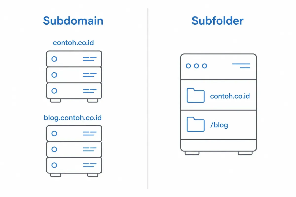 Perbandingan subdomain dan subfolder: subdomain memakai server terpisah, subfolder satu server dengan dua folder.
