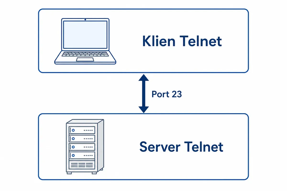 Diagram arsitektur klien-server Telnet: kotak Klien Telnet dan Server Telnet terhubung lewat Port 23.