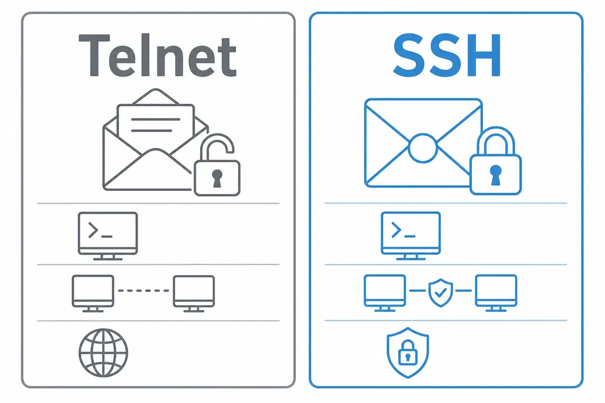 Perbandingan Telnet dan SSH: amplop terbuka bergembok terbuka versus amplop tersegel bergembok terkunci.