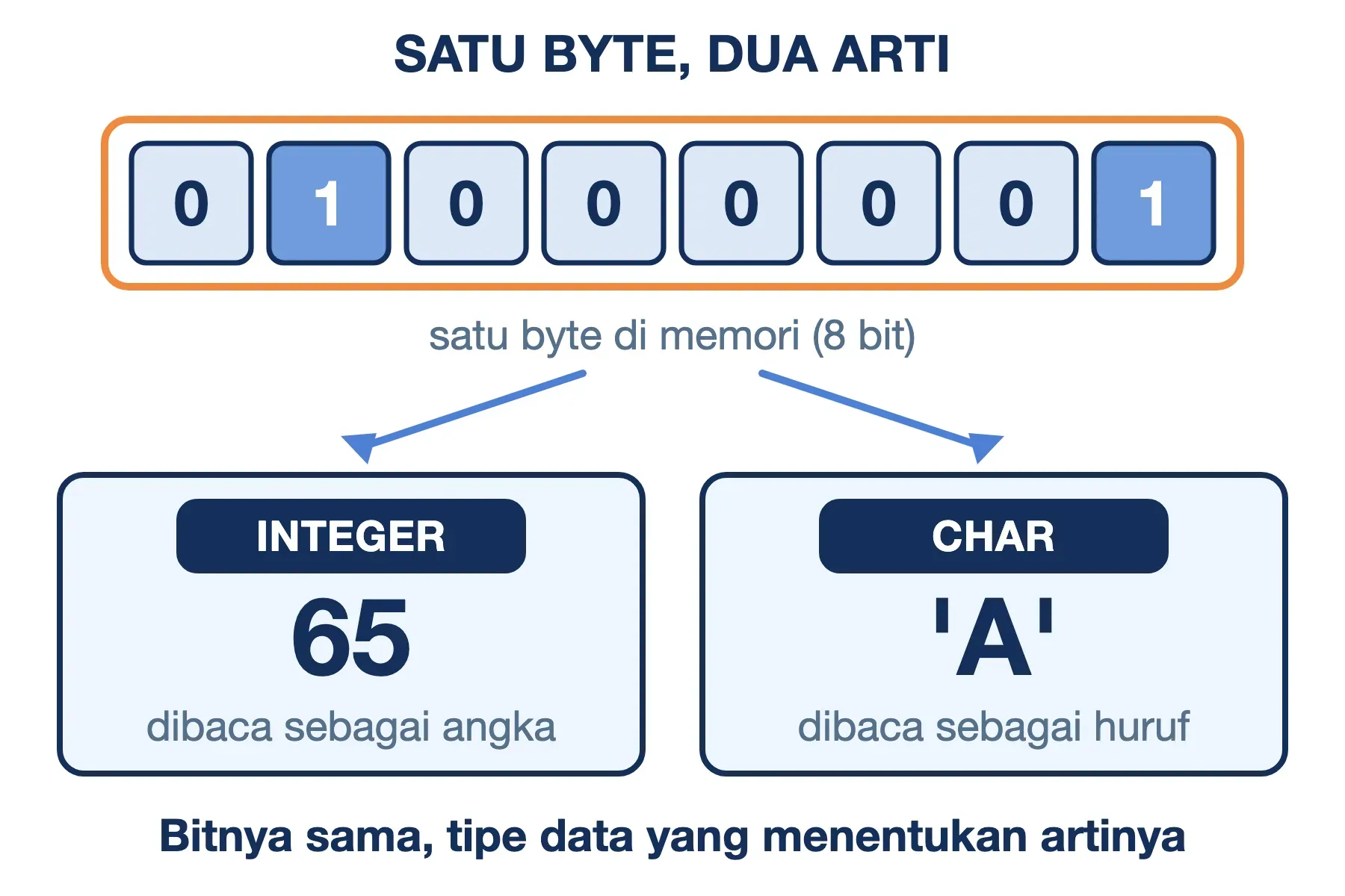 Cara kerja tipe data: satu byte 01000001 dibaca sebagai angka 65 bertipe integer atau huruf 'A' bertipe char.