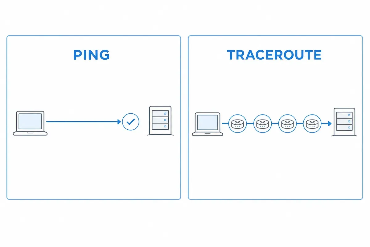 Perbandingan ping yang menguji langsung ke server dan traceroute yang memetakan empat router di jalurnya.