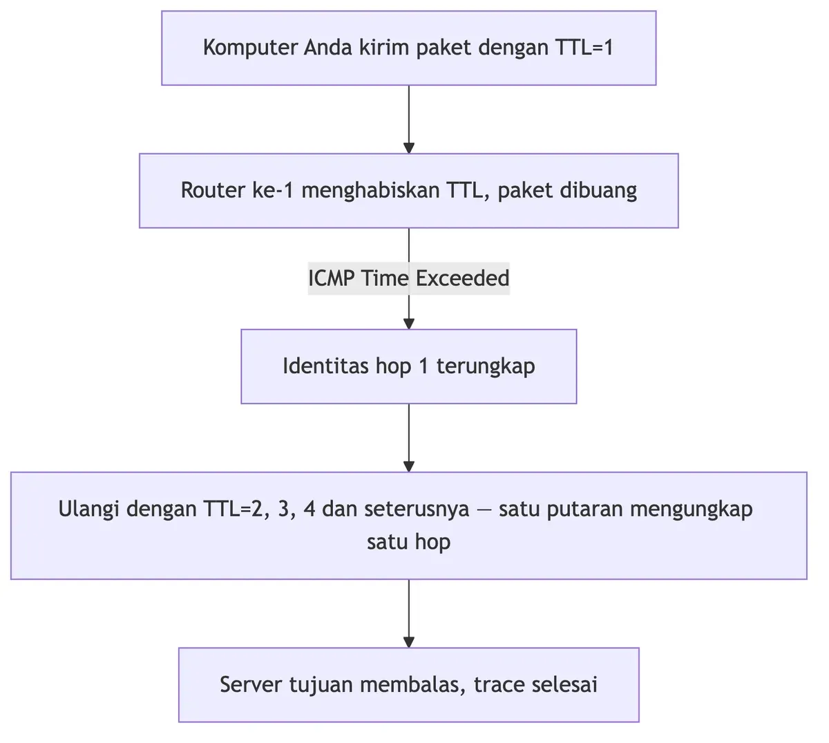 Diagram alur cara kerja traceroute, dari paket TTL=1 dan balasan ICMP Time Exceeded hingga tiap hop terungkap.