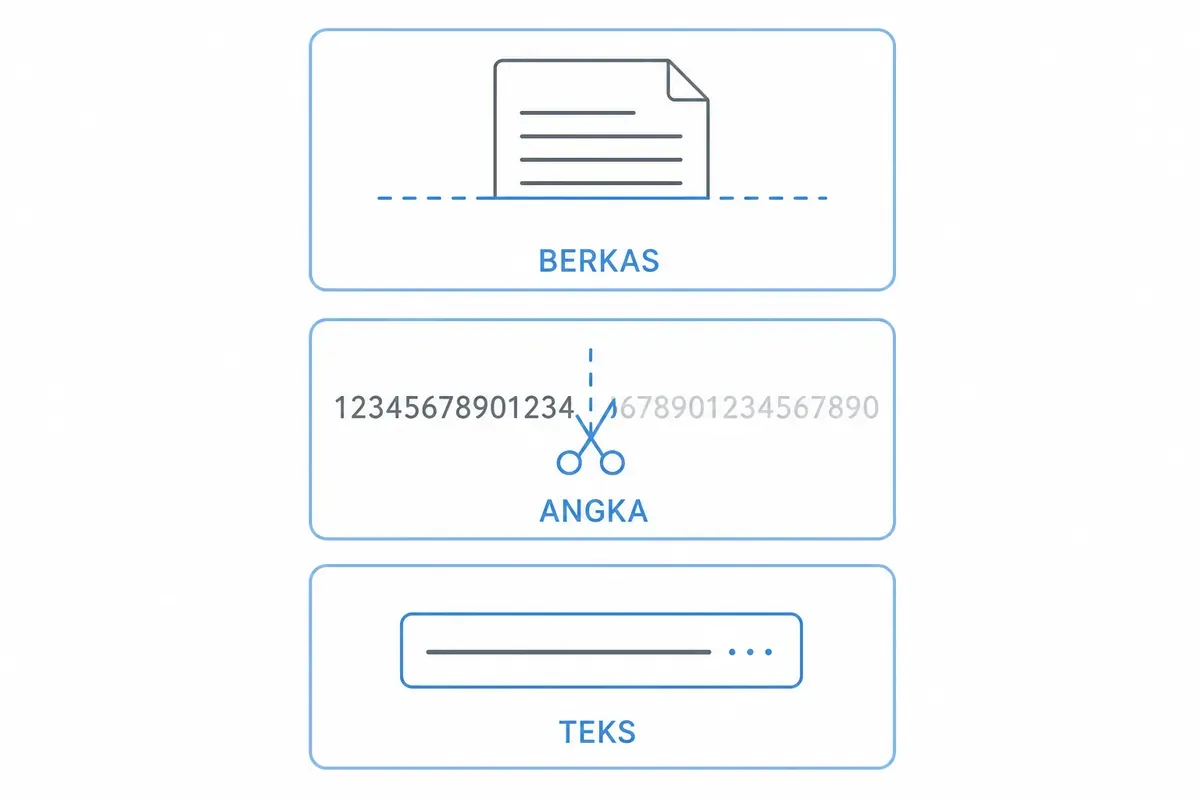 Tiga kartu berlabel BERKAS, ANGKA, dan TEKS: dokumen terpotong garis putus-putus, angka dipotong gunting, teks berelipsis.