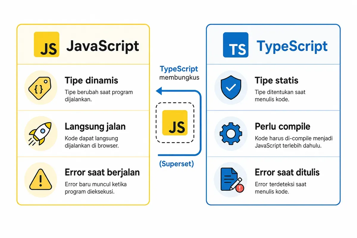 Ilustrasi perbandingan JavaScript dan TypeScript sebagai superset dengan tipe statis dan compile.
