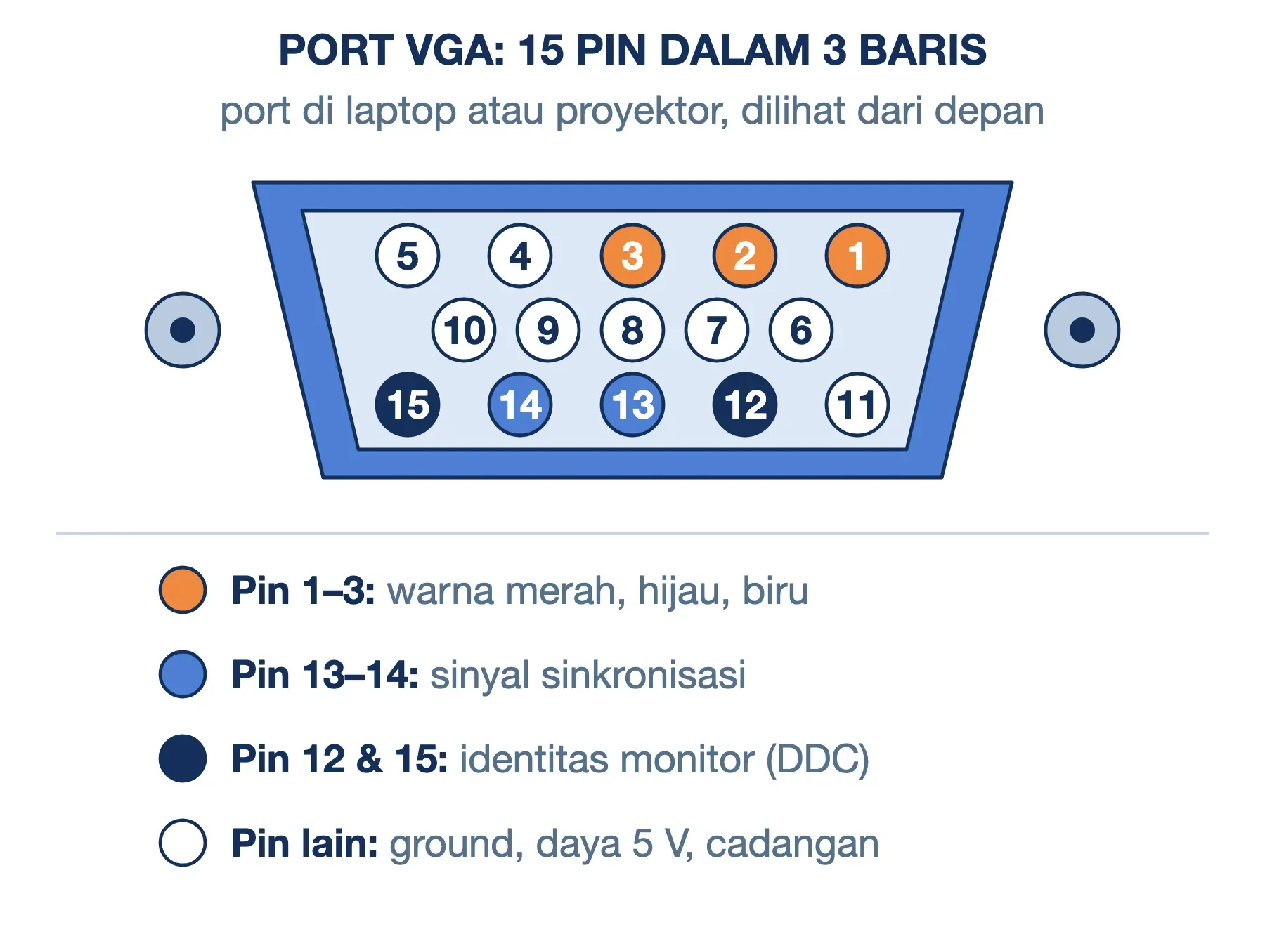 Port VGA 15 pin dalam tiga baris: pin 1–3 warna merah, hijau, biru; pin 13–14 sinkronisasi; pin 12 dan 15 untuk DDC.