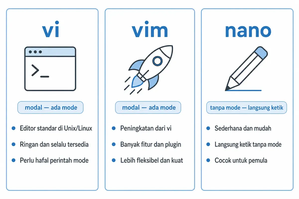 Diagram perbandingan vi, vim, dan nano dengan penjelasan mode serta tanpa mode.