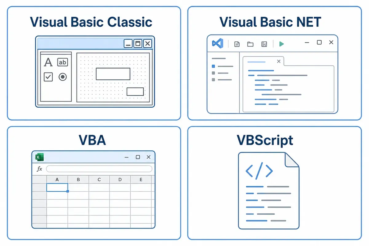 Diagram empat varian Visual Basic: Visual Basic Classic, Visual Basic .NET, VBA, dan VBScript.