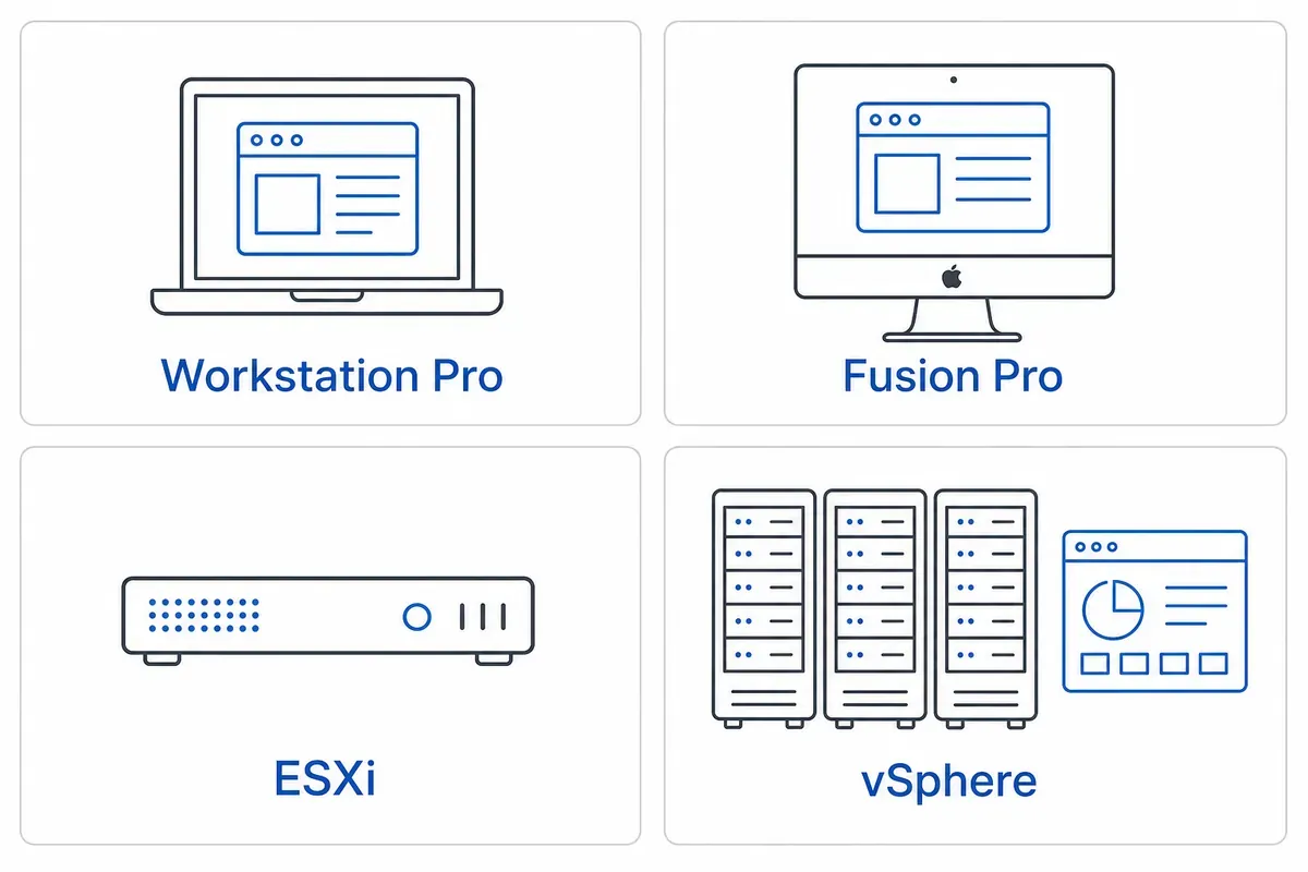 Empat produk VMware: Workstation Pro untuk PC, Fusion Pro untuk Mac, ESXi dan vSphere untuk server.