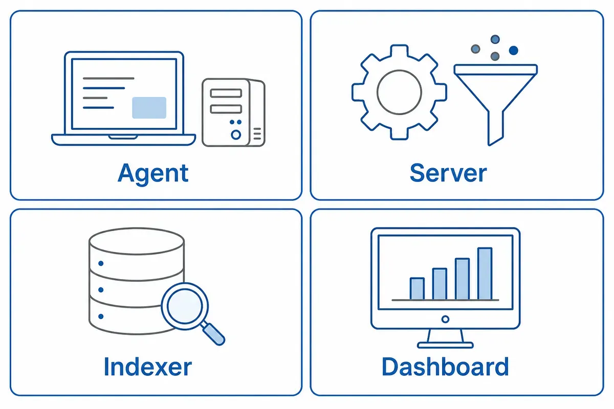 Empat komponen Wazuh digambarkan sebagai kartu berikon: Agent, Server, Indexer, dan Dashboard.