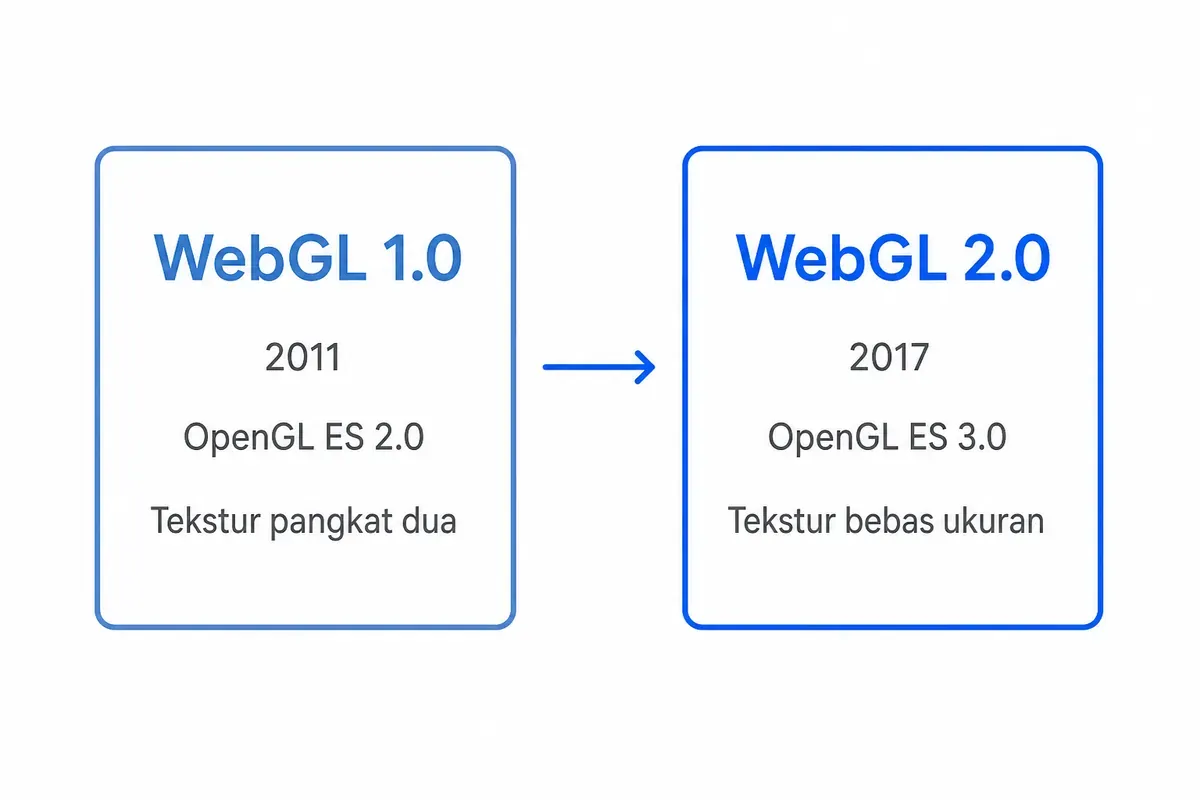 WebGL 1.0 rilis 2011 memakai OpenGL ES 2.0 dan tekstur pangkat dua; WebGL 2.0 rilis 2017 memakai OpenGL ES 3.0.