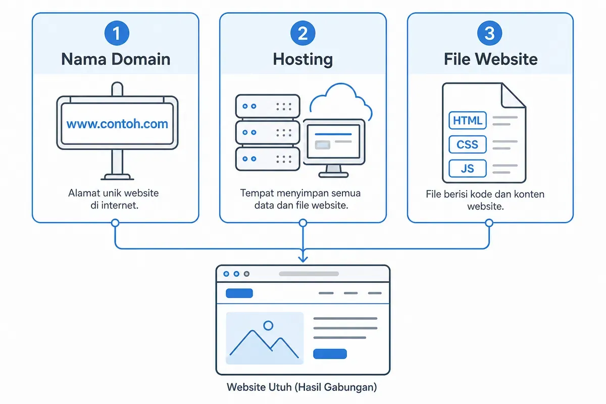 Diagram komponen website dengan nama domain, hosting, dan file website menuju satu situs utuh.