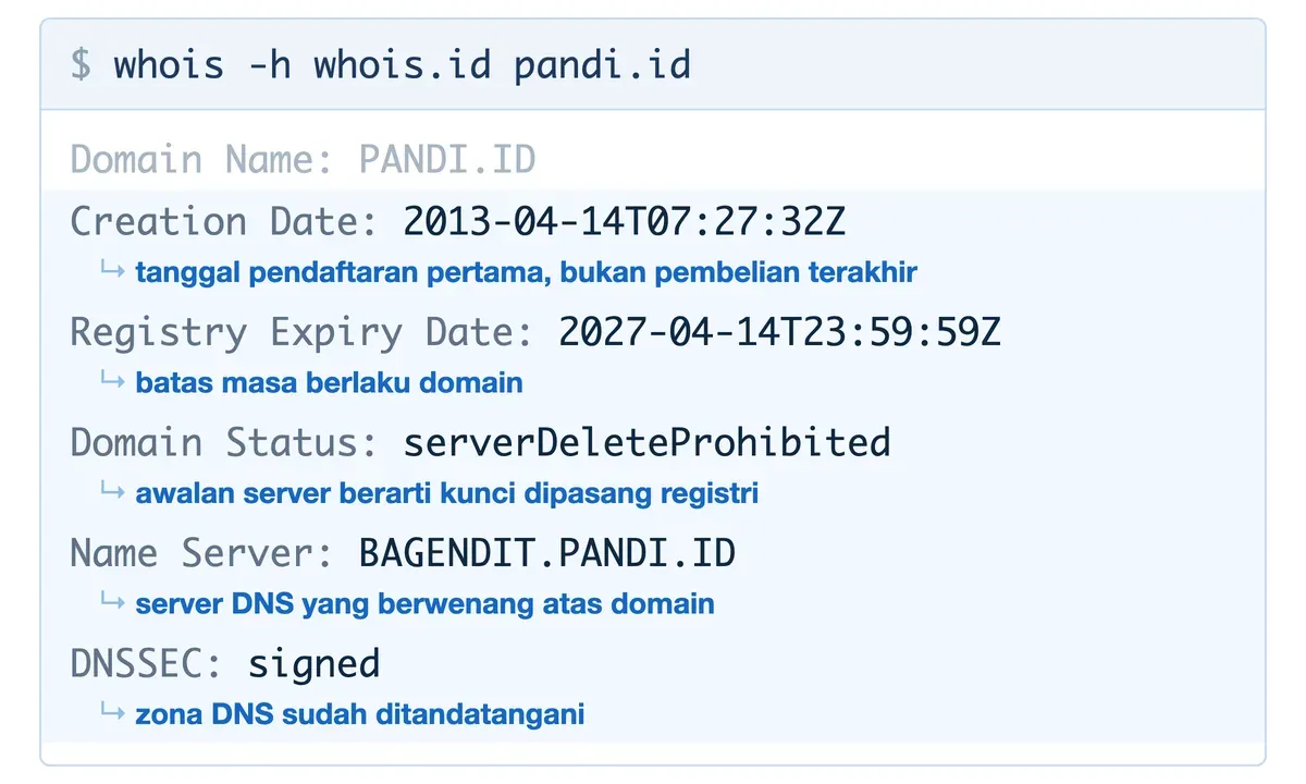Hasil whois pandi.id dengan anotasi: tanggal pendaftaran, batas masa berlaku, status kunci registri, dan nameserver.