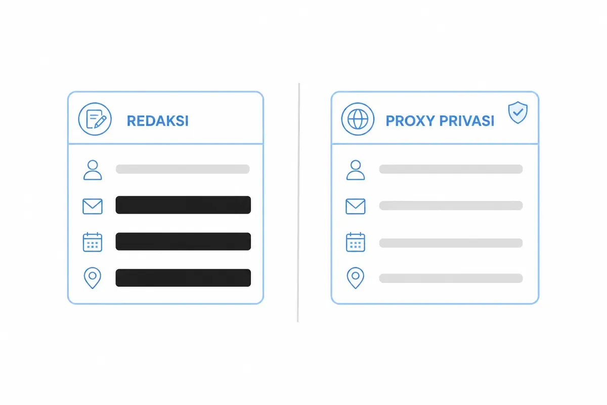 Kartu kiri redaksi, baris data pendaftar dihitamkan. Kartu kanan proxy privasi, data diganti milik perantara.