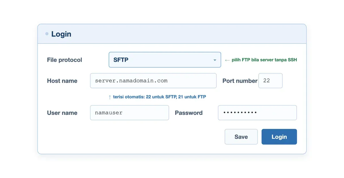 Jendela Login WinSCP berisi isian File protocol SFTP, Host name, Port number 22, User name, dan Password.
