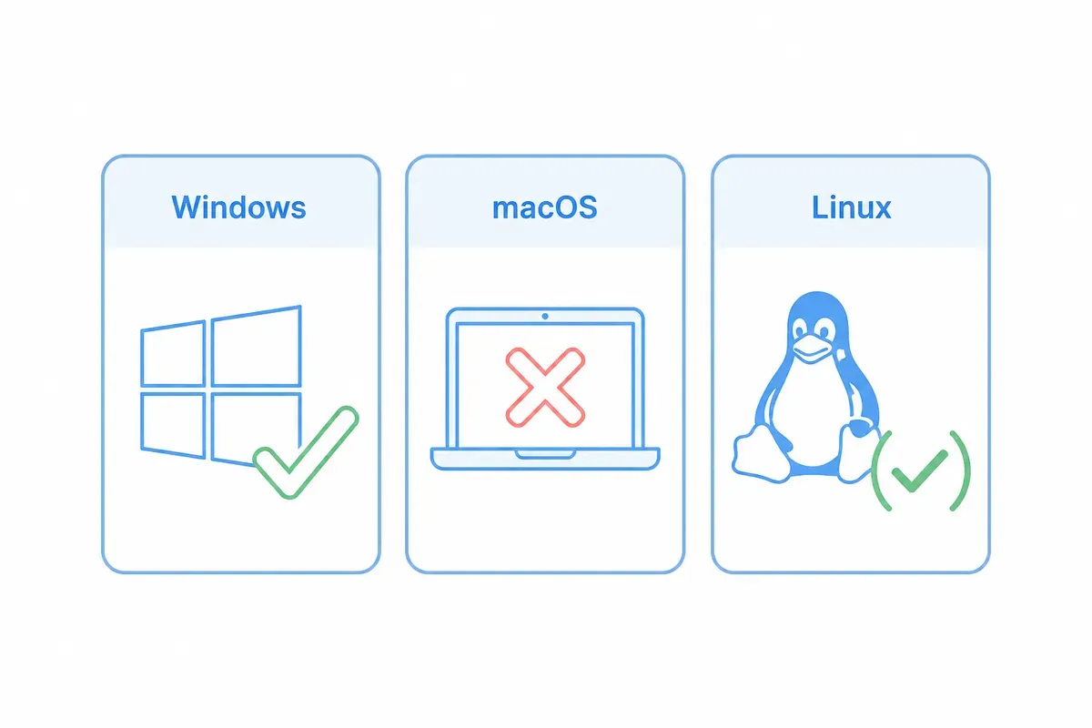 Diagram dukungan WinSCP: tersedia di Windows, tidak ada versi macOS, berjalan lewat Wine di Linux.
