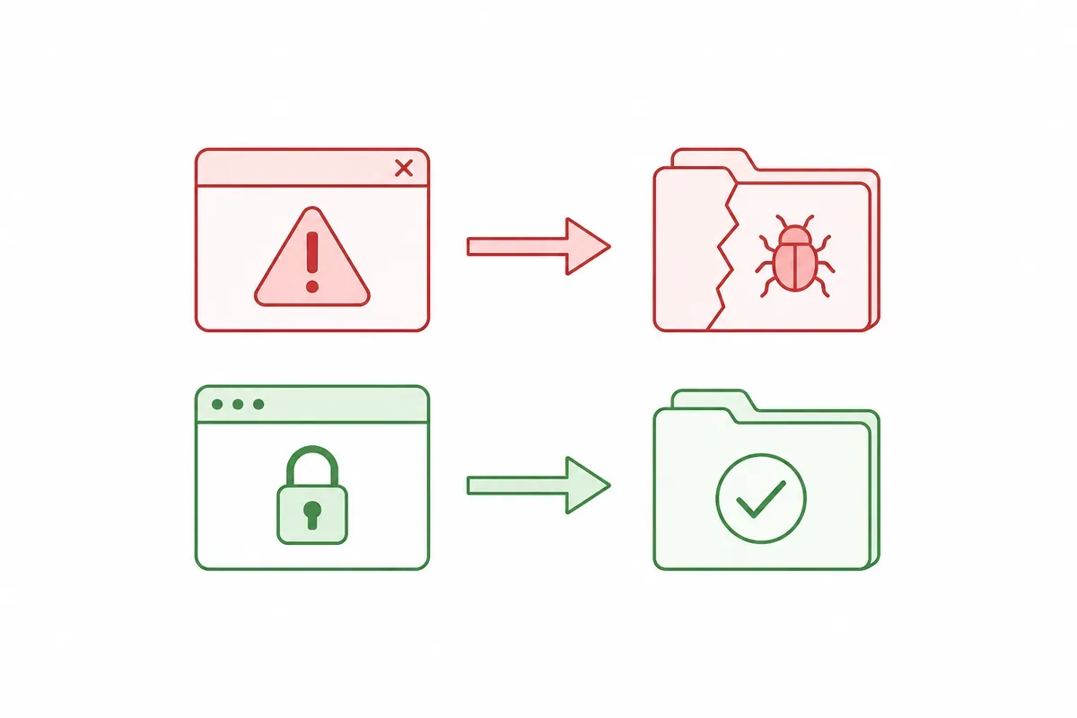 Dua jalur mengunduh WinSCP: sumber berisiko berujung berkas bermalware, situs resmi berujung berkas aman.