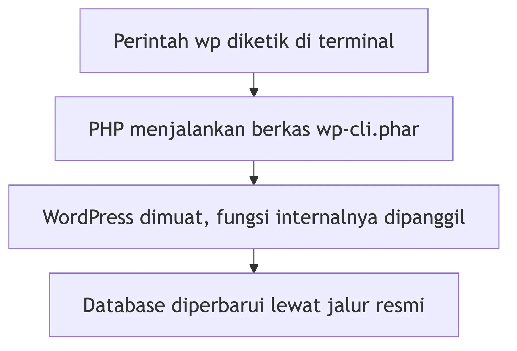 Alur perintah WP-CLI: diketik di terminal, dijalankan PHP lewat wp-cli.phar, memuat WordPress, lalu memperbarui database.