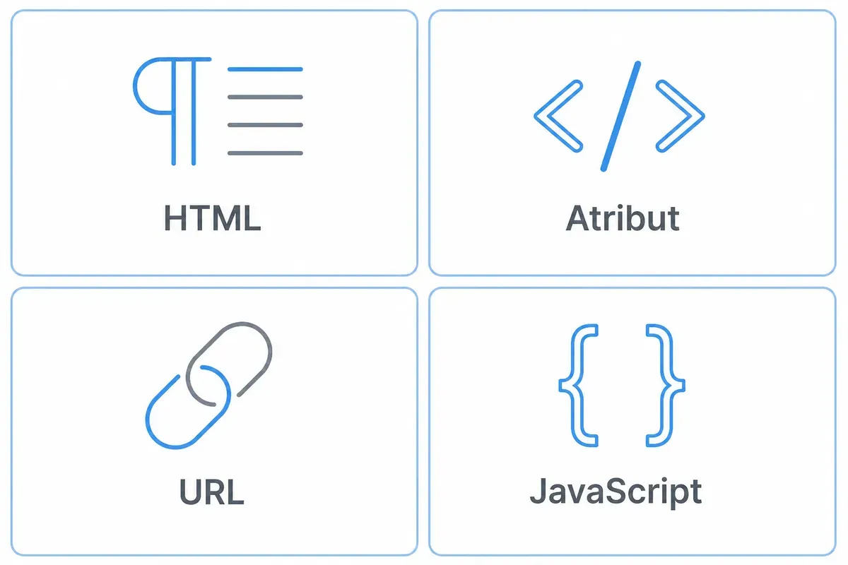 Empat kotak konteks output encoding: HTML, atribut, URL, dan JavaScript, masing-masing dengan ikonnya sendiri.
