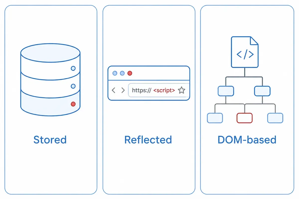 Tiga kartu jenis XSS: Stored dengan ikon basis data, Reflected dengan bilah alamat, DOM-based dengan pohon dokumen.